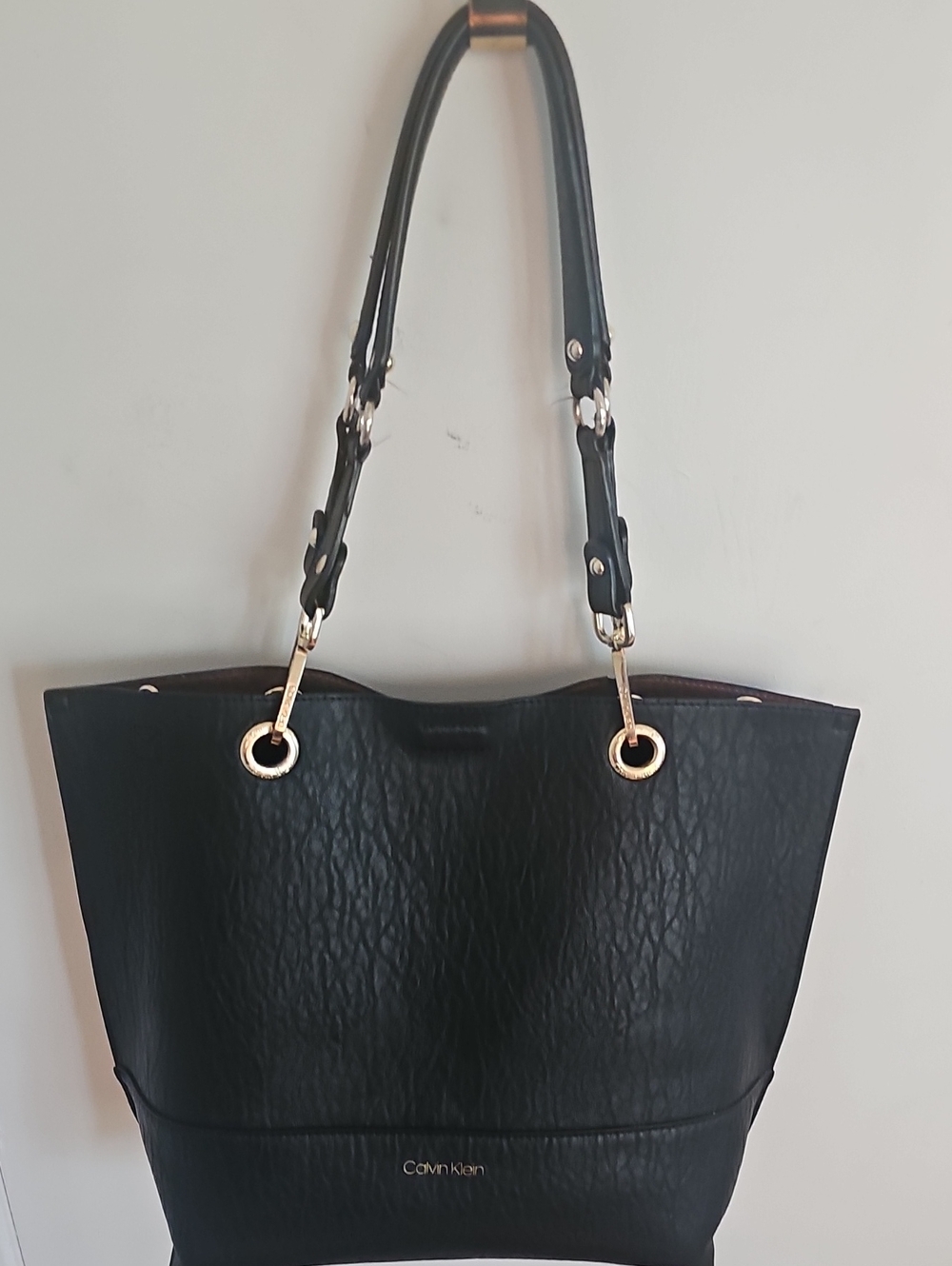Calvin Klein Black Leather Tote with Gold Hardware